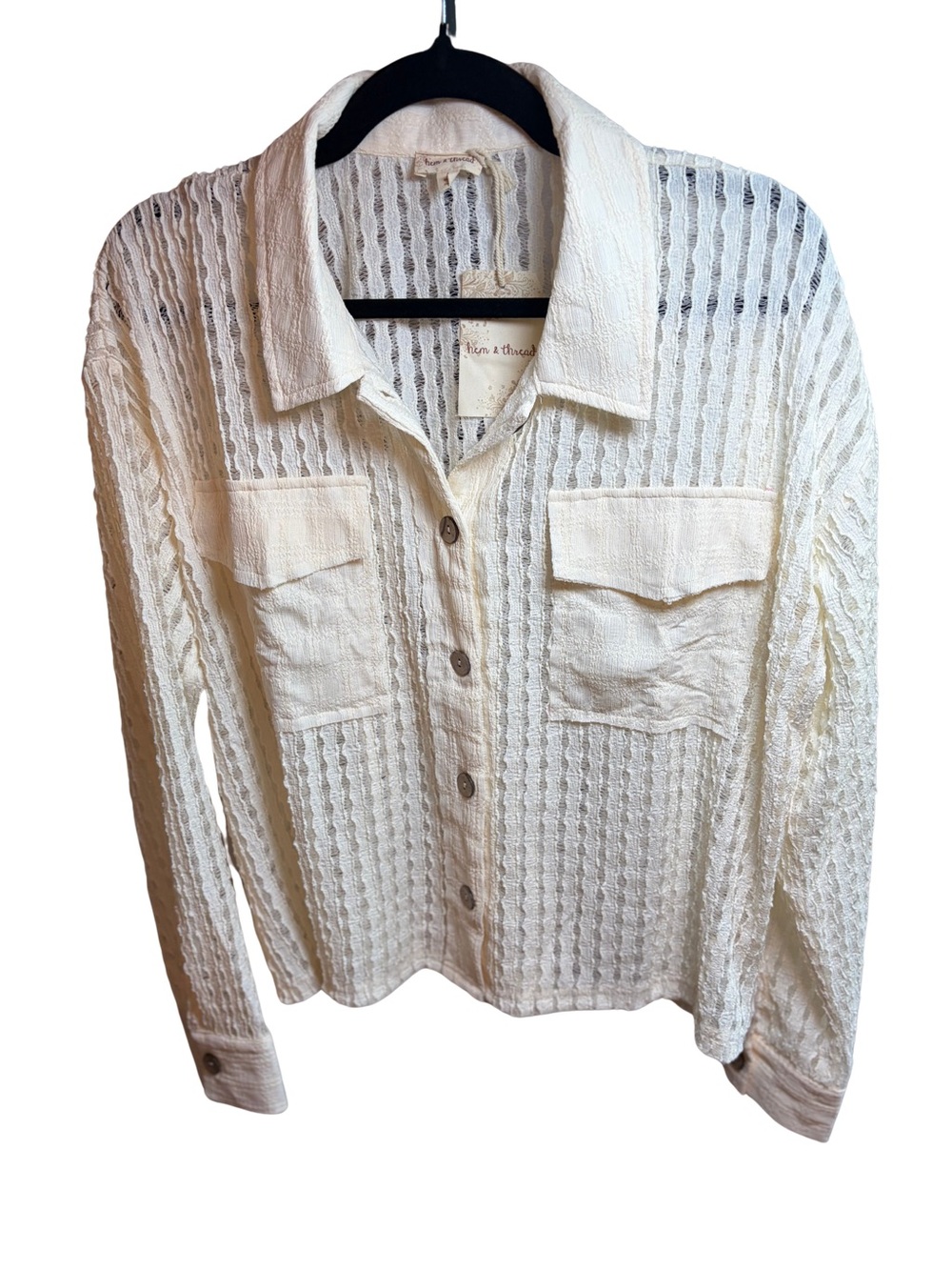 Hem & Thread Cream Boho Open-Knit Button Down Shirt Size Lg NWT